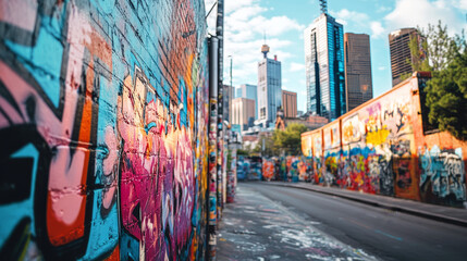 Naklejka na meble A colorful city street wall covered in graffiti art, with the city skyline in the background.