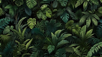 A vibrant, lush green tropical forest background featuring an array of different leaves.