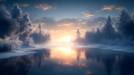 Wall Mural - Serene winter landscape with a river reflecting a colorful sunrise.