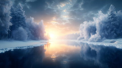 Sticker - Serene winter landscape with a river reflecting a colorful sunrise.