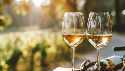 Wall Mural - View of two full wineglasses with white wine on blur bikeh nature background, summer day