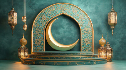 Elegant blue and gold podium background for product display with crescent moon. Generative AI