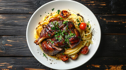 Wall Mural - Delicious roasted half duck lying on spaghetti with roasted cherry tomatoes and parsley, served on a white plate on a dark wooden table