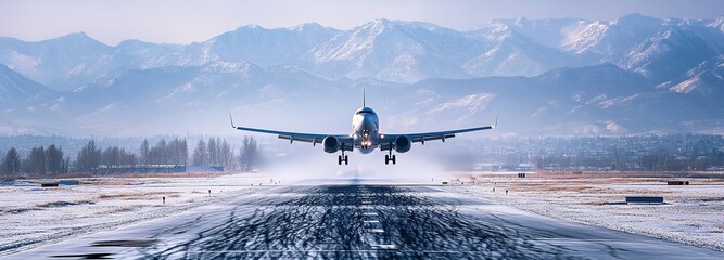 a large aircraft takes off from a snowy runway surrounded by majestic mountains in the early morning