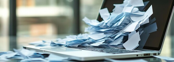 A cluttered laptop overflowing with scattered notes on a desk in a modern office setting during the day