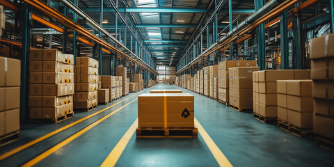 Warehouse Interior with Pallets and Boxes. A wide shot of a warehouse interior featuring pallets stacked with cardboard boxes. The aisles are marked with yellow lines