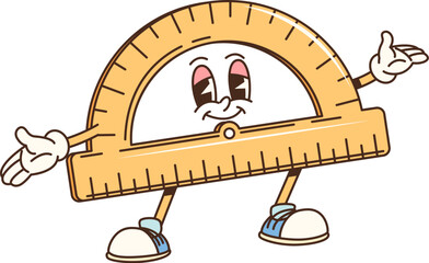 Poster - Cartoon groovy school protractor character. Retro ruler personage. Isolated vector nostalgic, old-school classroom tool with smiling face. Educational measuring item for learning geometry or math