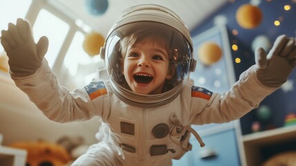 A young boy wearing a detailed astronaut suit, with his helmet and gloves clearly visible, as he jumps playfully in his bedroom. 