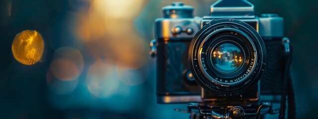 Close-up of a vintage camera lens in soft evening light