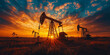 © T-elle - Oil Rigs at Sunset. A dramatic silhouette of oil rigs working against a fiery sunset sky. The image captures the industrial power and energy of the oil industry.