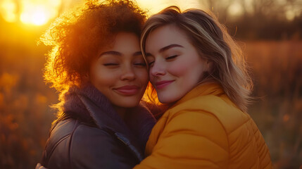 Canvas Print - Two women embracing warmly during sunset in a natural setting.