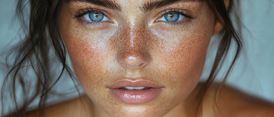 Poster - Close-up Portrait of a Young Woman with Freckles and Blue Eyes