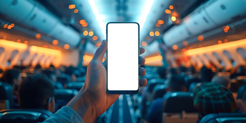 Hand holding smartphone with white screen against airplane background, view from inside