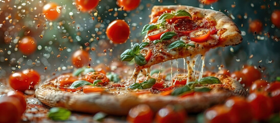 Delicious pizza with levitating tomatoes on a dark background