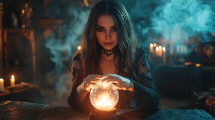 A mysterious woman gazes into a glowing crystal ball amidst candlelight in a dark, enchanting setting