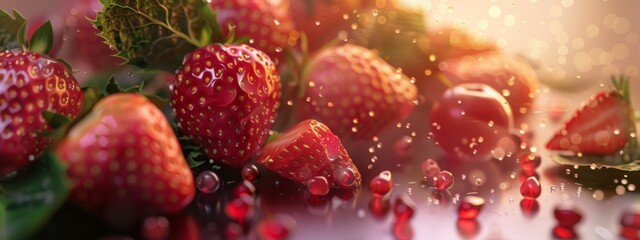 Wall Mural - Close-up of fresh strawberries and pomegranate seeds with water droplets