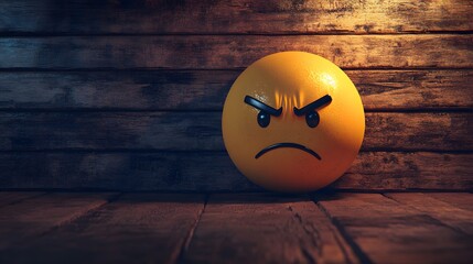 Disappointed face emoji with a downturned mouth, set against a textured, dark wood background with cool, subdued lighting, creating a solemn and reflective mood