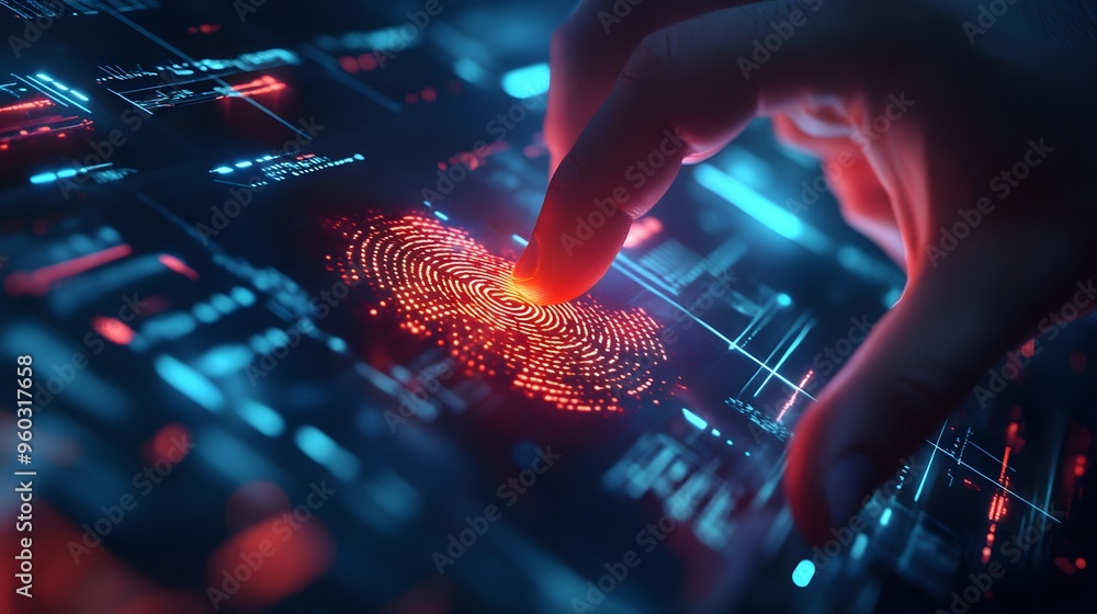 Scanner Technology User Paying with fingerprints in a banking app. Identifying people in ...