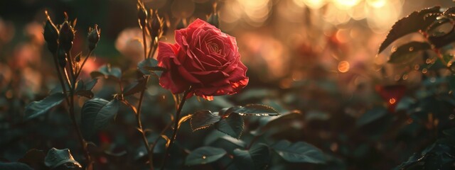 Sticker - Close-up of a vibrant red rose in a garden during golden hour