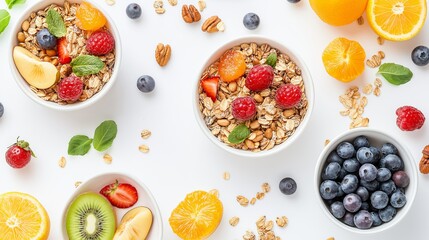 Top down view of vegetarian breakfast with granola and fruits on white background