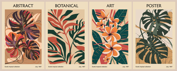 Set of retro-inspired abstract botanical posters with plumeria, palm, monstera, tropical leaves in vibrant mid-century modern color palette. Contemporary wall art, cover wallpaper vector template.