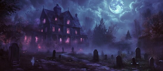 A chilling banner depicting an old, haunted mansion with glowing, ghostly figures peeking out of the windows