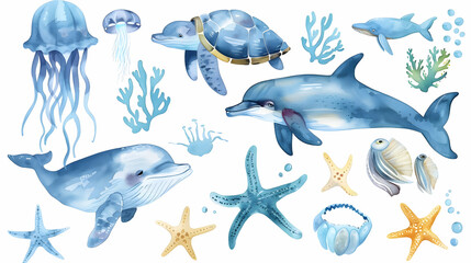 Wall Mural - Set of sea animals. Blue watercolor ocean fish, turtle, whale and coral. Shell aquarium background. Nautical dolphin marine illustration, jellyfish, starfish