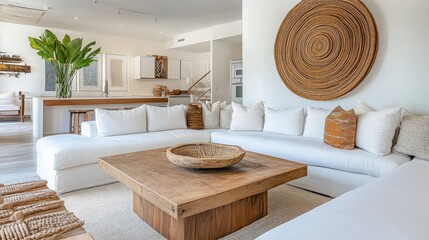 White open-concept living area with a sectional sofa, wooden coffee table, and decorative wall art.