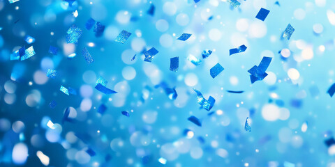 Blue confetti falling on a blue background with bokeh and copy space for design.