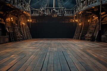 background of an empty pirate ship deck for a theater stage scene