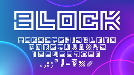 Architect type, labyrinth maze font, geometric typeface, line English alphabet, numerals, and punctuation marks. Vector linear, blocky uppercase characters for tech, futuristic or architectural themes