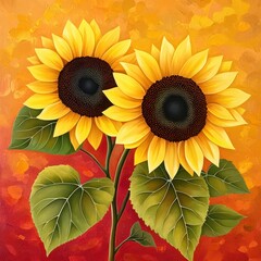 Two vibrant sunflowers bloom against a warm, colorful background, symbolizing joy and positivity in nature's beauty.