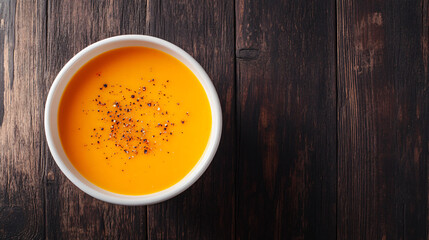 Wall Mural - Autumn-themed hot creamy soup with pepper on rustic table, great for a cozy meal. The vibrant orange color captures the essence of the season. Indulge in this delicious vegetarian dish