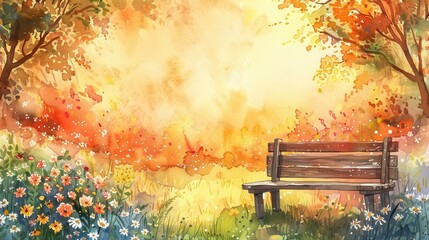 Wall Mural - tranquil garden bench bathed in golden sunset light amidst blooming flowers slow living concept watercolor painting