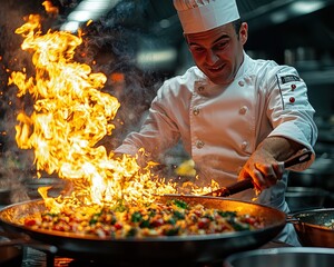 Master Chef Flambeing a Gourmet Dish in Luxury Restaurant Kitchen