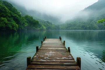 tranquil lakeside scene with weathered wooden dock extending into crystalclear waters framed by lush green forest and misty mountains