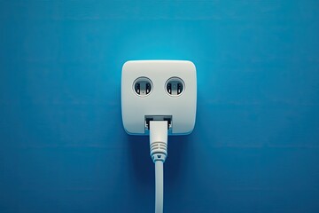 A white electrical outlet on a blue wall. Perfect for illustrations about electricity, energy, and power.