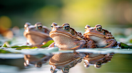 Wall Mural - Three Frogs Relaxing on a Lily Pad in a Pond