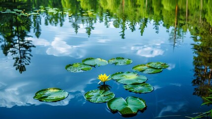 Wall Mural - tranquil pond with lily pads serene water reflection nature landscape photography