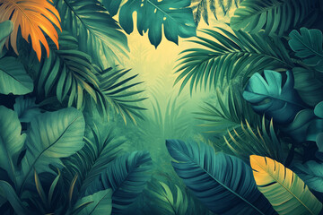 Leinwandbilder - A jungle-inspired pattern of jagged leaves and ferns in dark green and teal, layered with abstract bird silhouettes, isolated on a pastel green background,