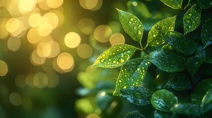 Wall Mural - dewdrops on green leaves with bokeh background.