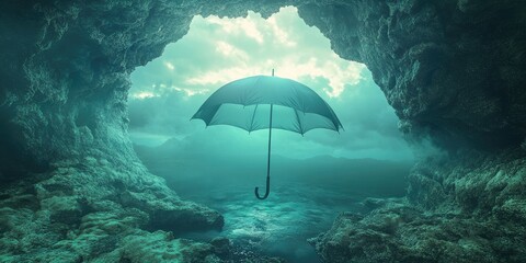 Sticker - An Umbrella Hanging From a Cave Overlooking a Misty Sea