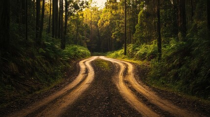 Wall Mural - a dirt road winds through a dense forest. perfect for illustrating themes of nature, adventure, and 
