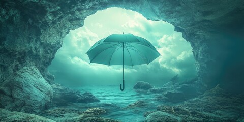 Poster - A Blue Umbrella Hanging Above a Misty Sea Cave