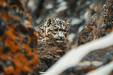 A rare snow leopard stealthily navigating rocky Himalayan terrains, snow camouflage, mountain sentinel