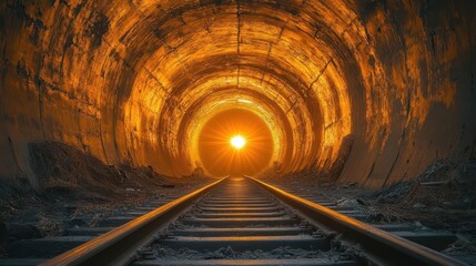 curved railway tunnel worn concrete walls with textured patina train tracks converge towards bright light at end atmospheric lighting emphasizes tunnels arc