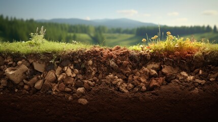 A cross-sectional view of a healthy soil profile showcasing the various soil horizons from the O horizon to the C horizon, detailed textures and colors,