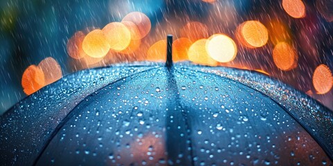 Poster - Raindrops On An Umbrella With Blurry Lights In The Background