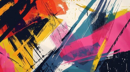 Canvas Print - trendy geometric shapes and brush strokes in vivid colors abstract modern art illustration