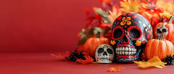 photography of colorful sugar skull the spooky and celebratory aspects of both Halloween and Da de los Muertos traditions  The image features a still life composition with pumpkins autumn leaves